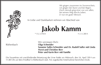 Traueranzeige von Jakob Kamm von Pegnitz-Zeitung